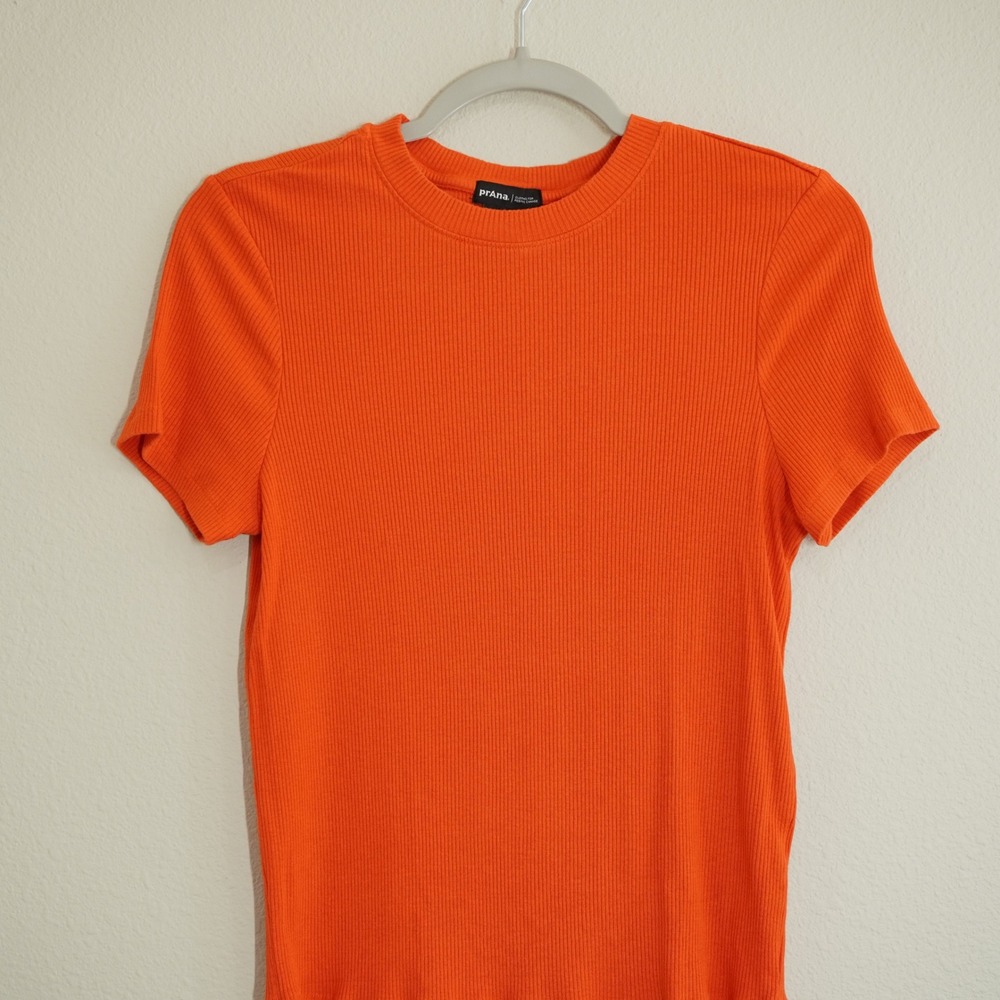 Prana Womens Size Large Orange Ribbed Short Sleeve Crew Neck T-Shirt Casual Soft - Picture 2 of 4